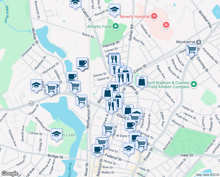 map of restaurants, bars, coffee shops, grocery stores, and more near 21 Beckford Street in Beverly