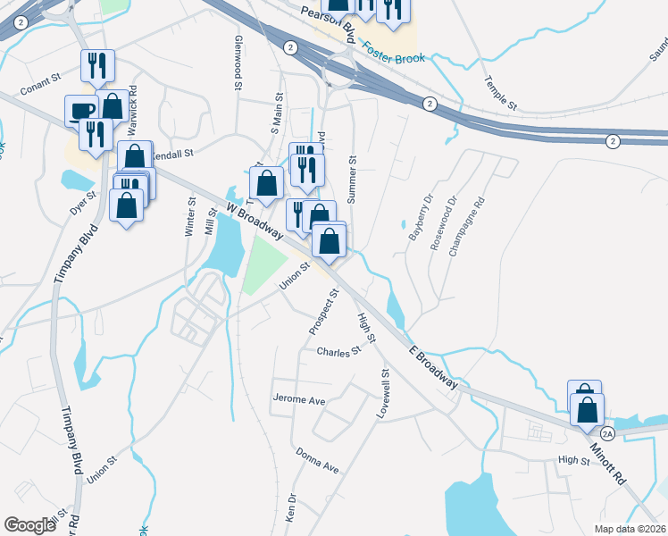map of restaurants, bars, coffee shops, grocery stores, and more near 68 East Broadway in Gardner