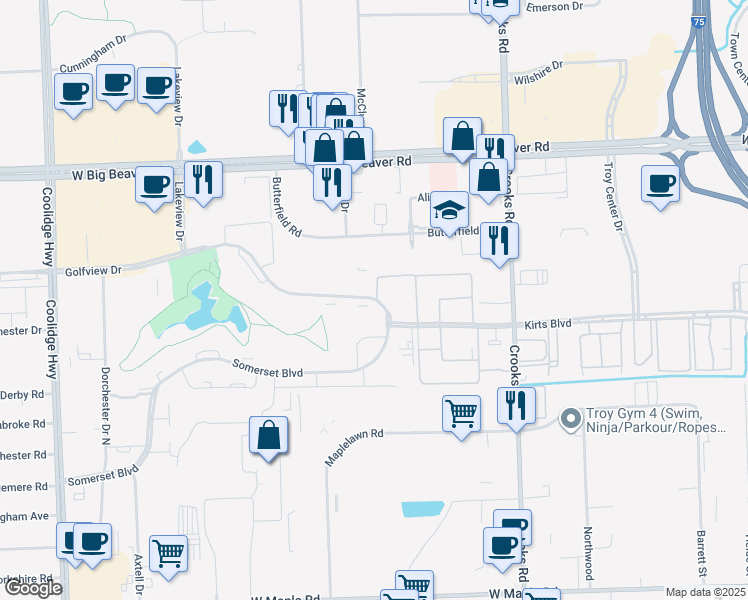map of restaurants, bars, coffee shops, grocery stores, and more near 1911 Golfview Drive in Troy