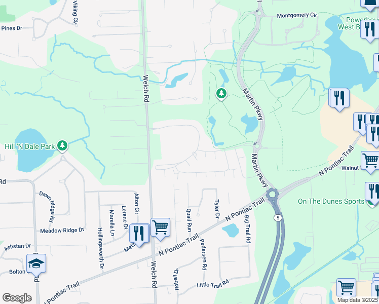 map of restaurants, bars, coffee shops, grocery stores, and more near 2200 Quail Run in Commerce Township