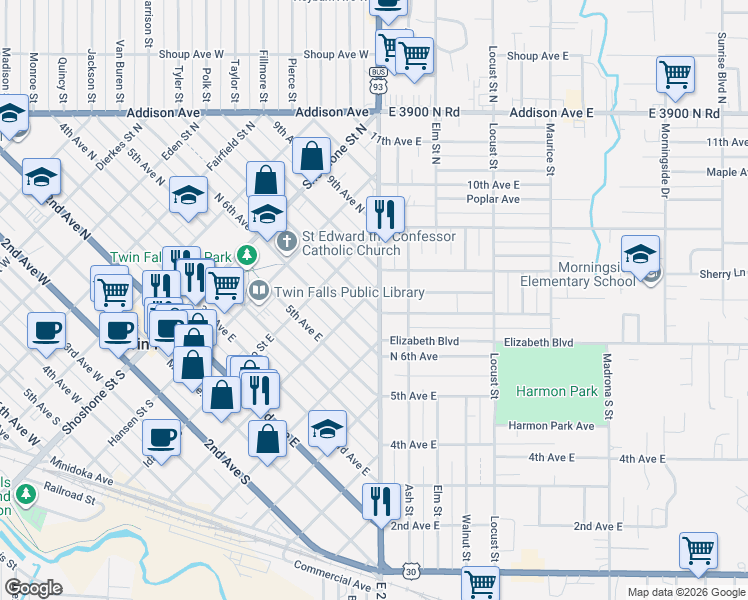 map of restaurants, bars, coffee shops, grocery stores, and more near 645 Blue Lakes Boulevard in Twin Falls