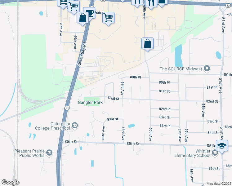 map of restaurants, bars, coffee shops, grocery stores, and more near 8204 63rd Avenue in Kenosha