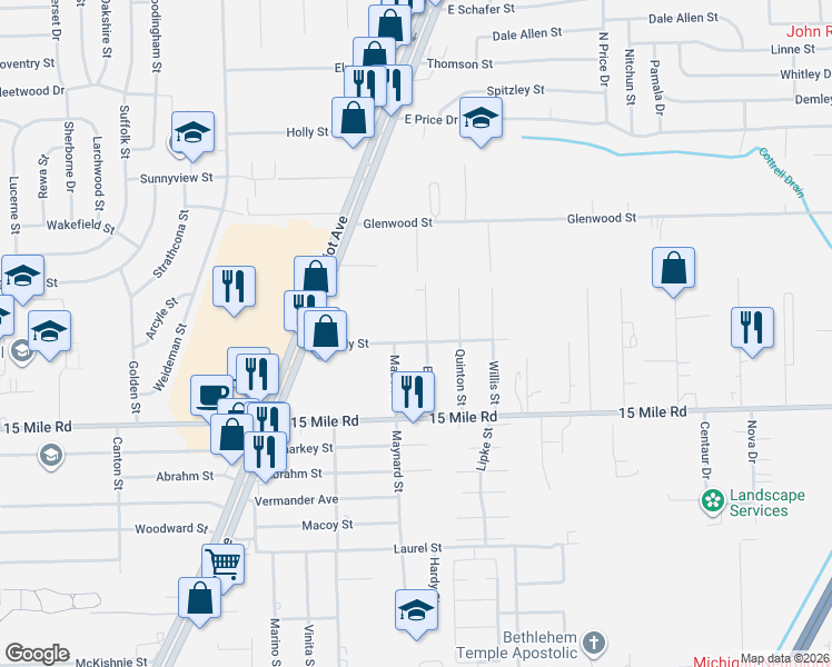 map of restaurants, bars, coffee shops, grocery stores, and more near 35136 Mabon Drive in Clinton Township
