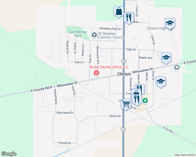 map of restaurants, bars, coffee shops, grocery stores, and more near Milwaukee Street in Clinton