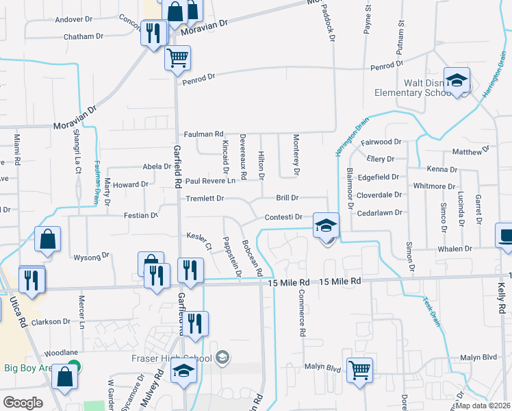 map of restaurants, bars, coffee shops, grocery stores, and more near 17256 Contesti Drive in Clinton Township