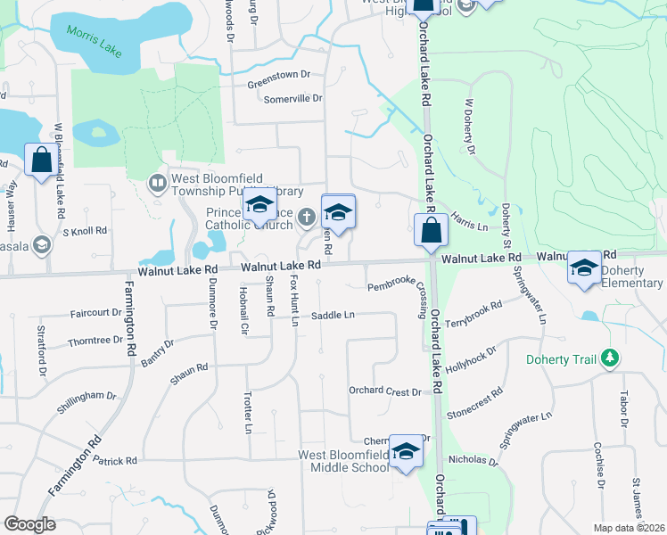 map of restaurants, bars, coffee shops, grocery stores, and more near 5370 Pembrooke Crossing Court in West Bloomfield Township