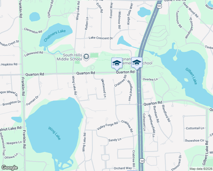 map of restaurants, bars, coffee shops, grocery stores, and more near 5584 Westwood Lane in Bloomfield Hills
