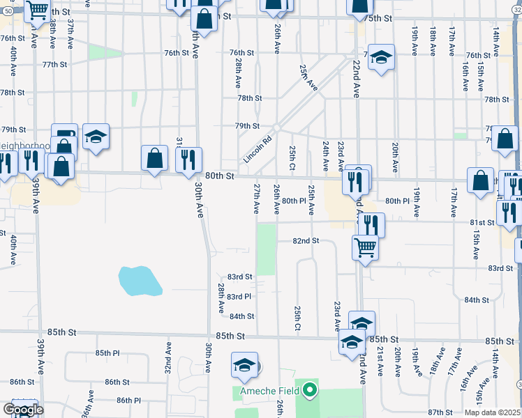 map of restaurants, bars, coffee shops, grocery stores, and more near 8051 27th Avenue in Kenosha