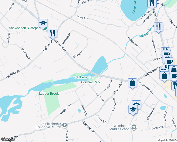 map of restaurants, bars, coffee shops, grocery stores, and more near 210 Shawsheen Avenue in Wilmington