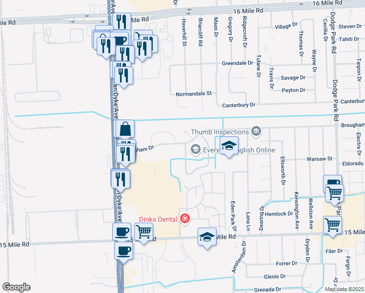 map of restaurants, bars, coffee shops, grocery stores, and more near 8703 Thornwood Court in Sterling Heights