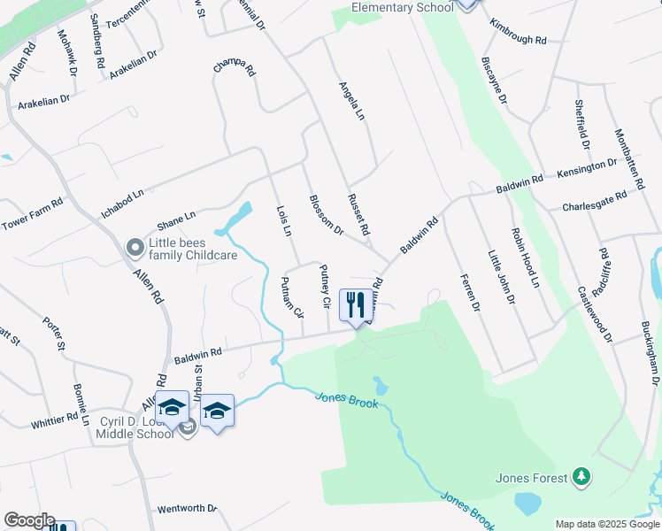 map of restaurants, bars, coffee shops, grocery stores, and more near 9 Putney Circle in Billerica