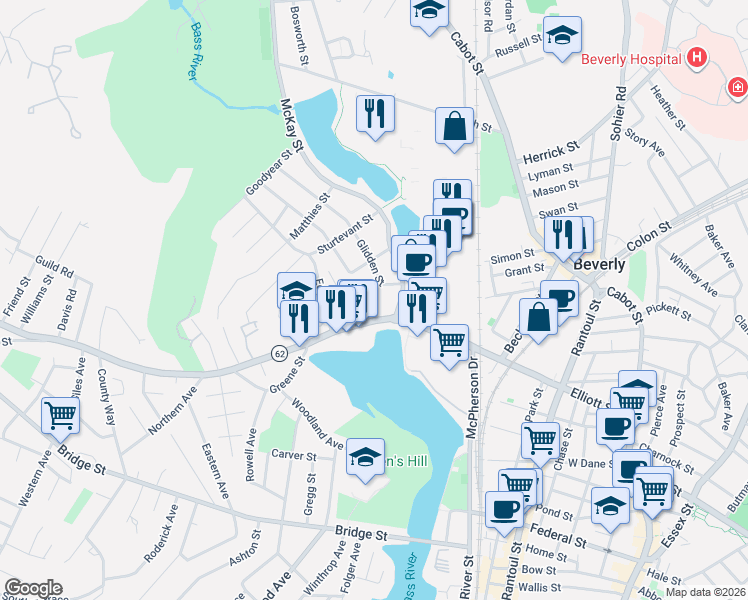 map of restaurants, bars, coffee shops, grocery stores, and more near 245 Elliott Street in Beverly