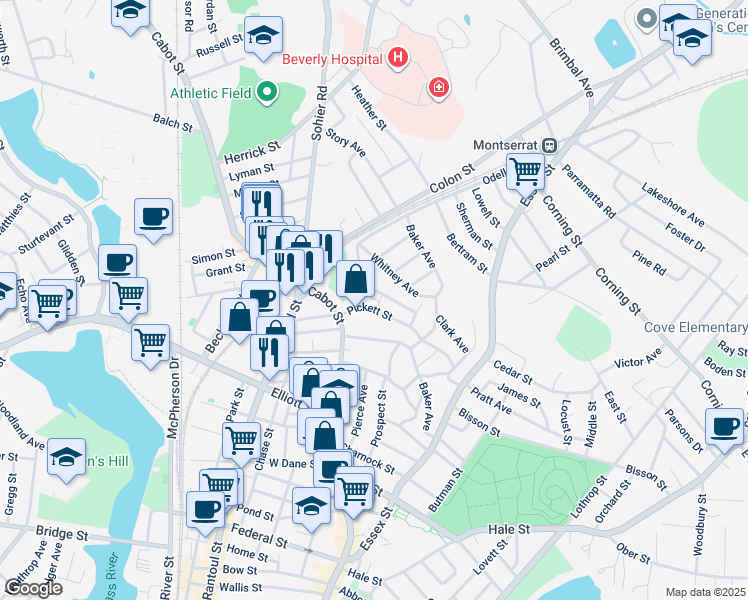 map of restaurants, bars, coffee shops, grocery stores, and more near 19 Whitney Avenue in Beverly