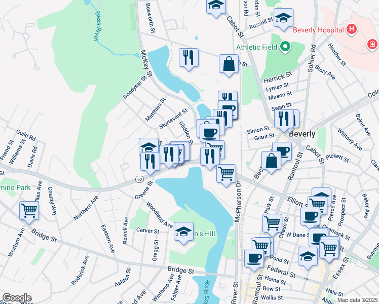 map of restaurants, bars, coffee shops, grocery stores, and more near 8 Blake Street in Beverly