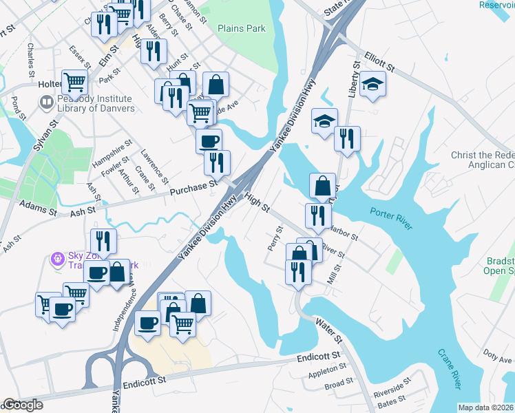 map of restaurants, bars, coffee shops, grocery stores, and more near 6 Hardy Street in Danvers