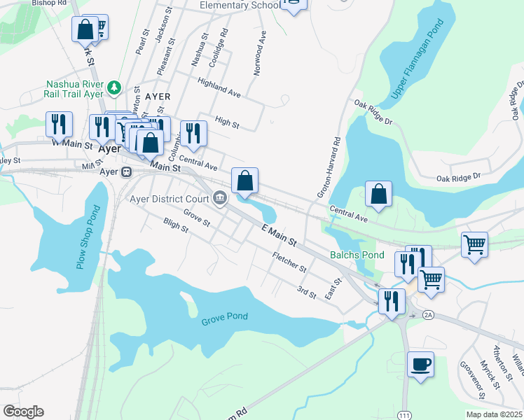 map of restaurants, bars, coffee shops, grocery stores, and more near 44 East Main Street in Ayer
