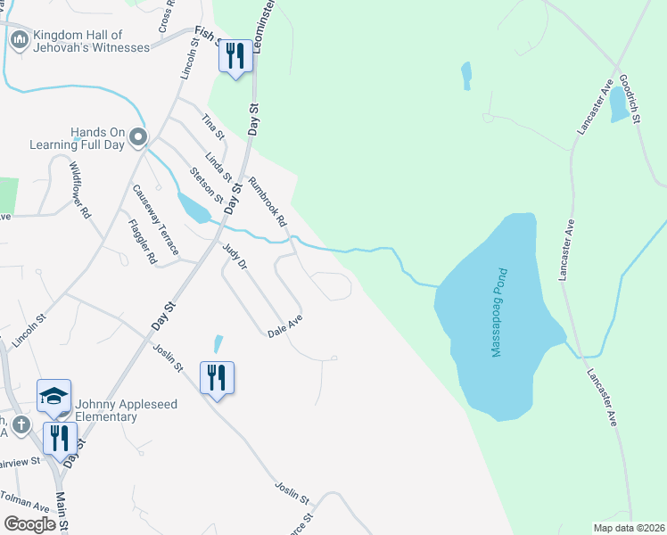 map of restaurants, bars, coffee shops, grocery stores, and more near 8 Braeburn Circle in Leominster