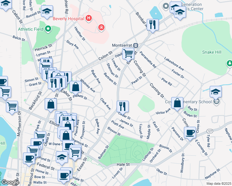 map of restaurants, bars, coffee shops, grocery stores, and more near 2 Bertram Street in Beverly