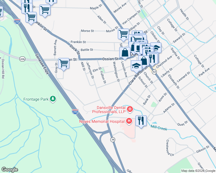 map of restaurants, bars, coffee shops, grocery stores, and more near 35 West Avenue in Dansville