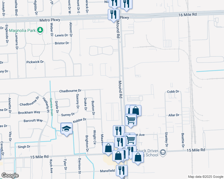 map of restaurants, bars, coffee shops, grocery stores, and more near 36429 Dominion Cir in Sterling Heights