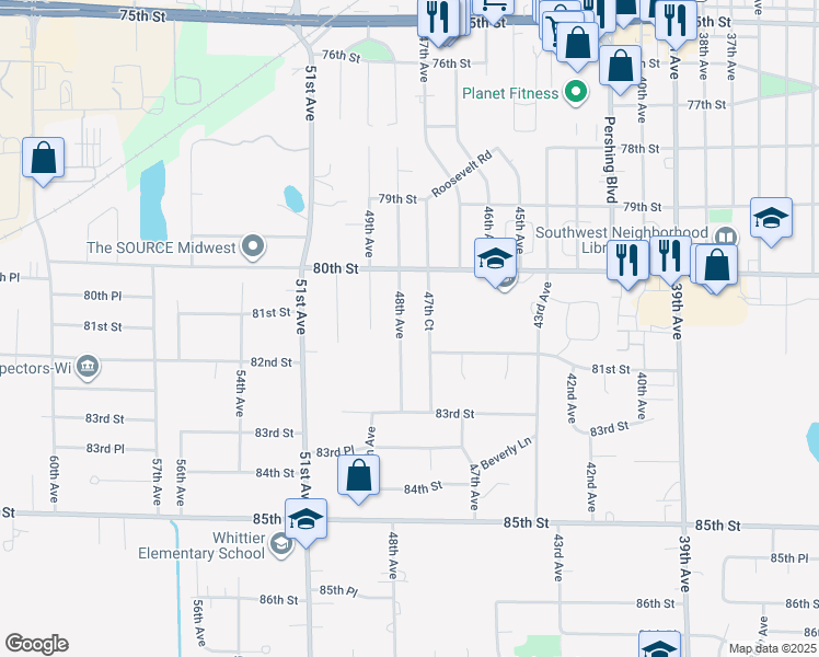 map of restaurants, bars, coffee shops, grocery stores, and more near 8035 48th Avenue in Kenosha