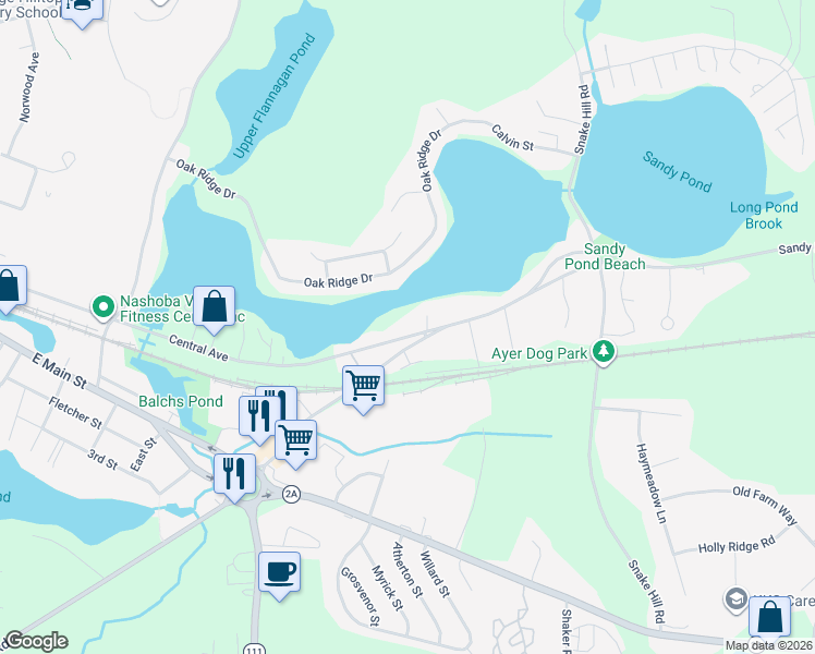 map of restaurants, bars, coffee shops, grocery stores, and more near 160 Central Avenue in Ayer