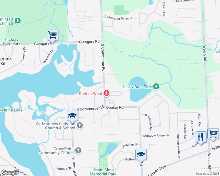 map of restaurants, bars, coffee shops, grocery stores, and more near 1107 Indianwood Trail in Walled Lake