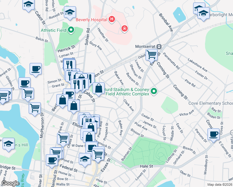 map of restaurants, bars, coffee shops, grocery stores, and more near 8 Boyden Avenue in Beverly