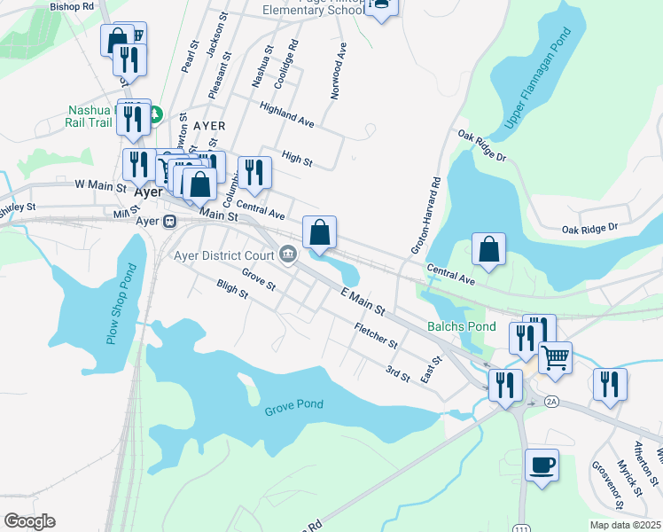 map of restaurants, bars, coffee shops, grocery stores, and more near 44 East Main Street in Ayer