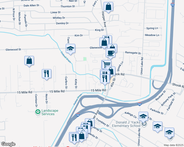 map of restaurants, bars, coffee shops, grocery stores, and more near 23805 Bunker Hill Drive in Clinton Township