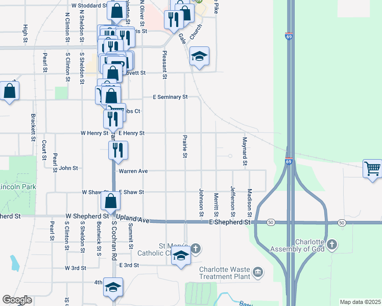 map of restaurants, bars, coffee shops, grocery stores, and more near 415 Prairie Street in Charlotte