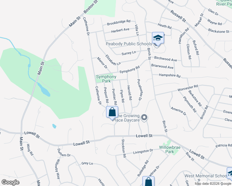 map of restaurants, bars, coffee shops, grocery stores, and more near 16 Flynn Road in Peabody