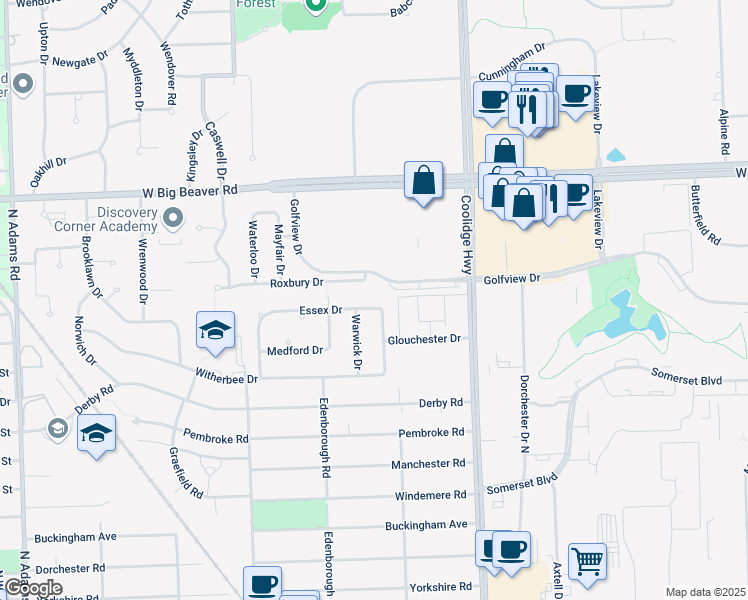 map of restaurants, bars, coffee shops, grocery stores, and more near 3216 Essex Drive in Troy