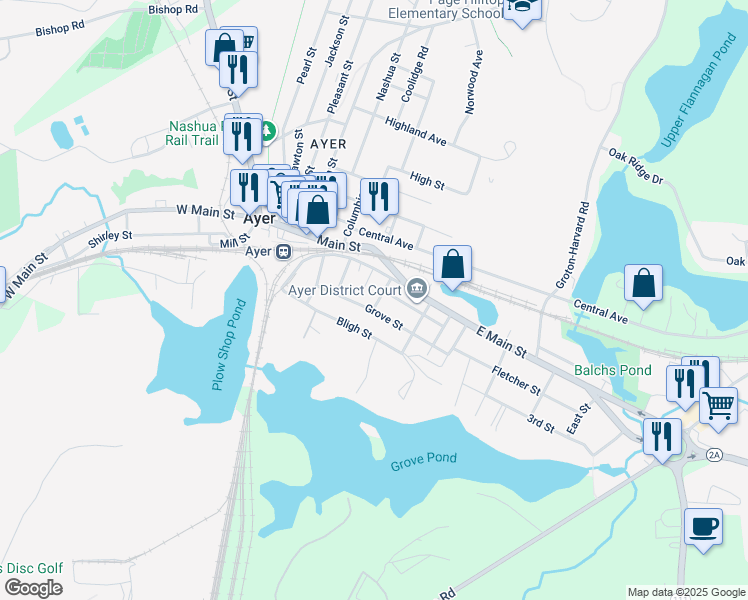 map of restaurants, bars, coffee shops, grocery stores, and more near 9 Elm Street in Ayer