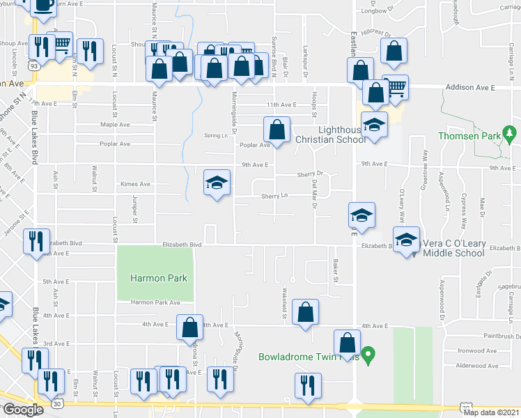 map of restaurants, bars, coffee shops, grocery stores, and more near 1963 Laura Circle in Twin Falls