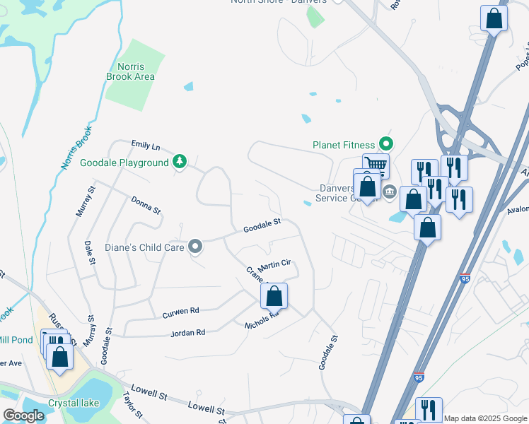 map of restaurants, bars, coffee shops, grocery stores, and more near 4 Helen Drive in Peabody