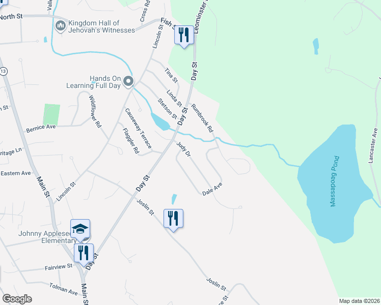 map of restaurants, bars, coffee shops, grocery stores, and more near 26 Judy Drive in Leominster