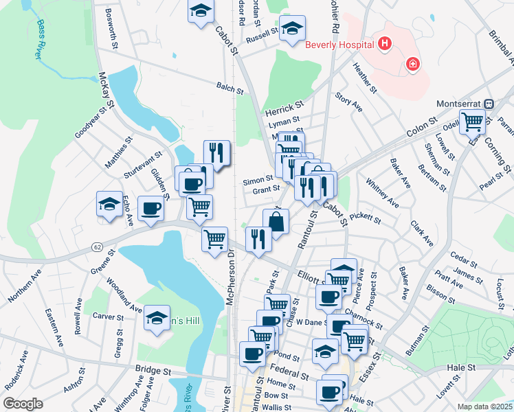 map of restaurants, bars, coffee shops, grocery stores, and more near 32 Mill Street in Beverly