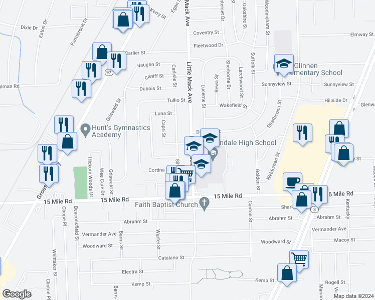 map of restaurants, bars, coffee shops, grocery stores, and more near 35349 Little Mack Avenue in Charter Township of Clinton