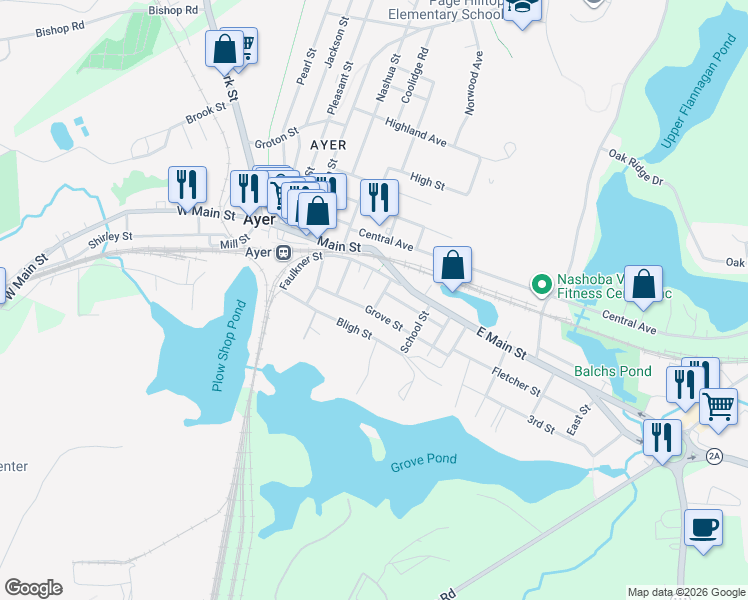 map of restaurants, bars, coffee shops, grocery stores, and more near 9 Elm Street in Ayer
