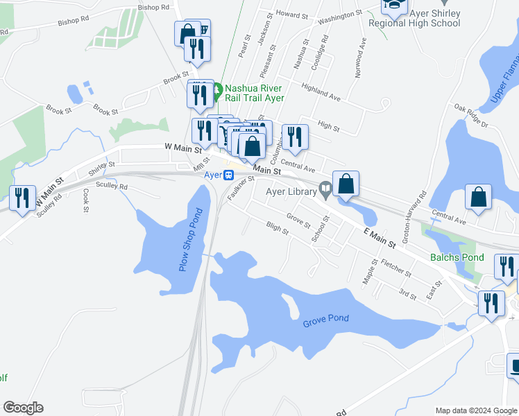 map of restaurants, bars, coffee shops, grocery stores, and more near 18 Forest Street in Ayer