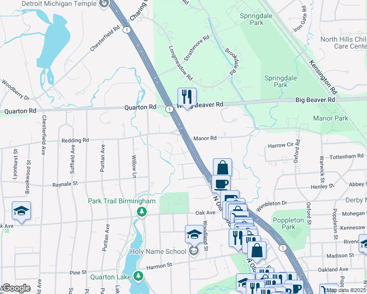 map of restaurants, bars, coffee shops, grocery stores, and more near 36663 Woodward Avenue in Birmingham