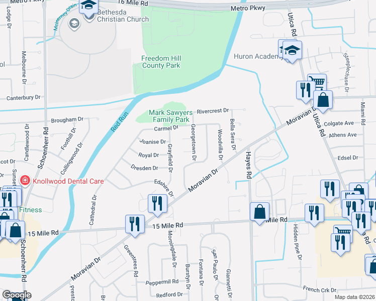 map of restaurants, bars, coffee shops, grocery stores, and more near 35647 Georgetown Drive in Sterling Heights