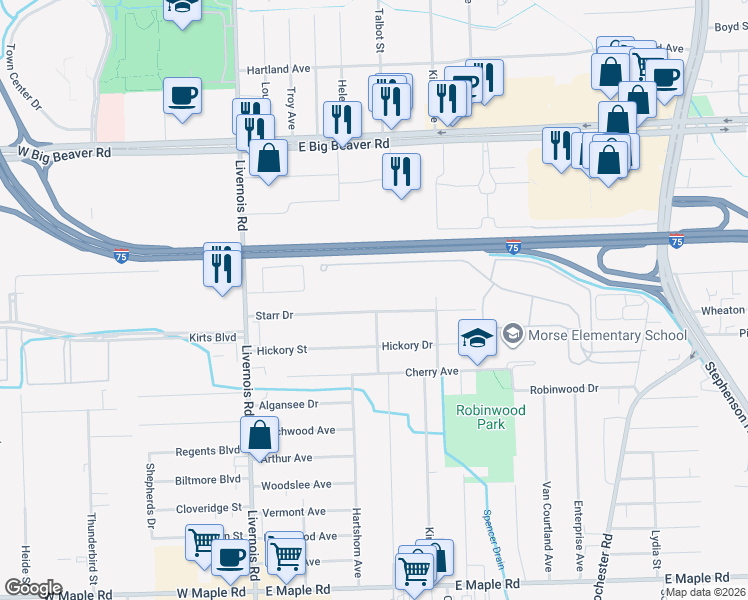 map of restaurants, bars, coffee shops, grocery stores, and more near 330 Coachman Drive in Troy