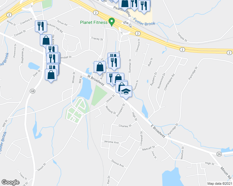 map of restaurants, bars, coffee shops, grocery stores, and more near 2 West Broadway in Gardner