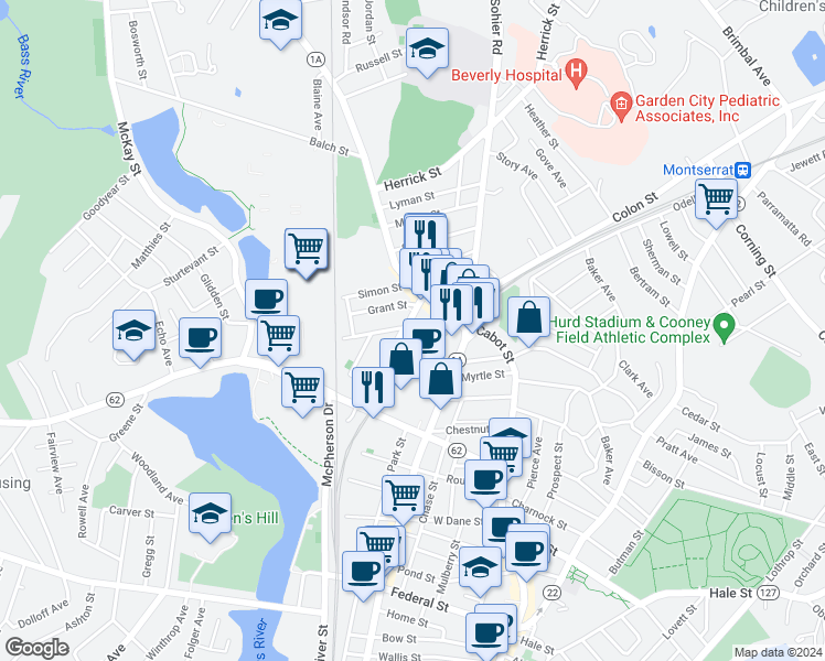 map of restaurants, bars, coffee shops, grocery stores, and more near 35 Beckford Street in Beverly
