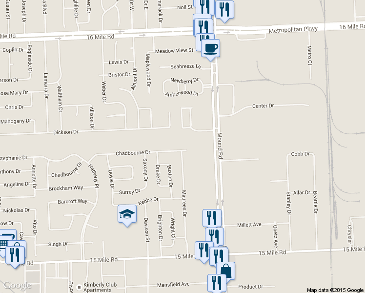 map of restaurants, bars, coffee shops, grocery stores, and more near 5703 Chadbourne Drive in Sterling Heights