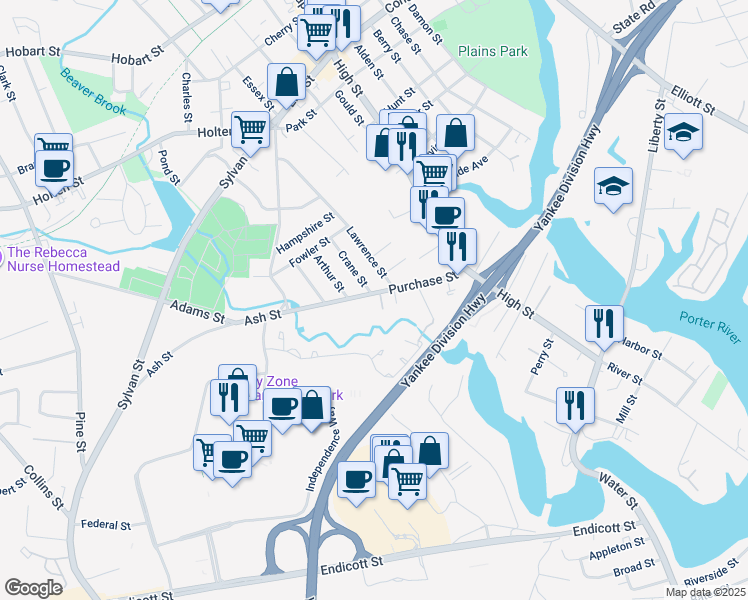 map of restaurants, bars, coffee shops, grocery stores, and more near 69 Lawrence Street in Danvers