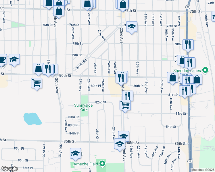 map of restaurants, bars, coffee shops, grocery stores, and more near 8018 22nd Avenue in Kenosha