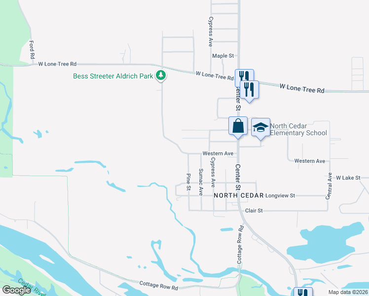 map of restaurants, bars, coffee shops, grocery stores, and more near 1202 Bertchwood St in Cedar Falls